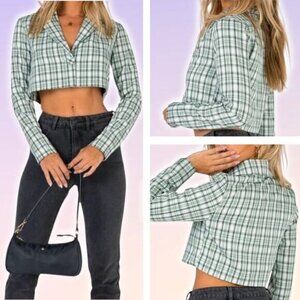PRINCESS POLLY Sierra One Button Cropped Blazer Sz 0 Green Plaid Check